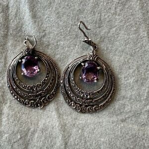 Art Nouveau Sterling Silver and Lilac Amethyst Surrounded by Marcasite Earrings